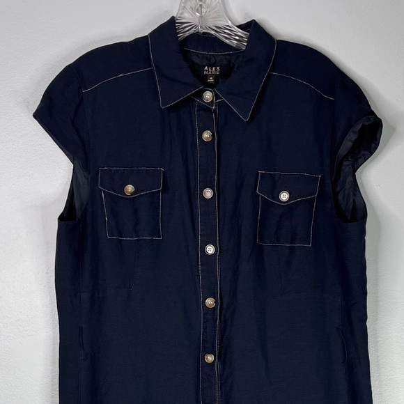 Alex Marie Dress Women’s 14 Blue Button Down Linen Utility Cap Sleeve Pockets - Picture 3 of 9